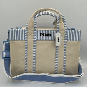 Victoria's Secret PINK Small Canvas Tote Crossbody Strap Light Blue NEW